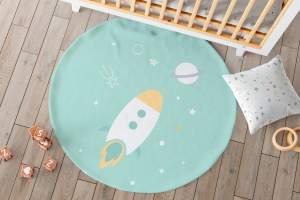 Alfombra cohete, funda cojín cuadrado noche estrellada mostaza.