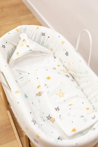 Vestidura capazo y saco polar bebé noche estrellada mostaza Estrellita la Valiente. Tejido 100% algodón orgánico.