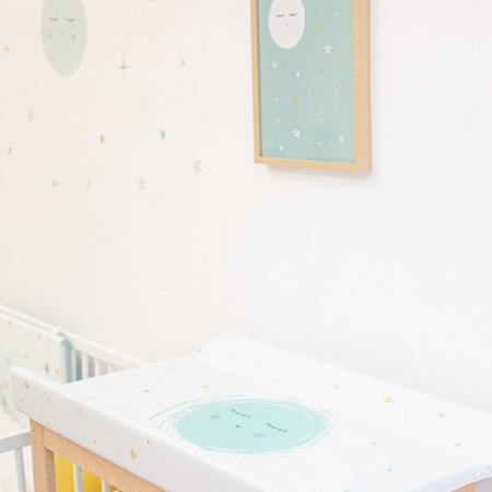 Lámina espacio mint, vinilo luna mint y mostaza y colchoneta cambiador luna mint