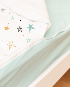 Detalle cremallera saco nórdico noche estrellada mostaza bajera mint Estrellita la Valiente 100% algodón orgánico