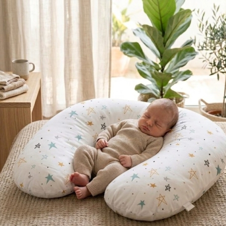 Bebé sobre cojín de lactancia Noche estrellada mostaza. Bebé durmiendo recostado sobre un cojín de lactancia de tejido 100% algodón orgánico con estrellas de colores mint, mostaza, gris y negro