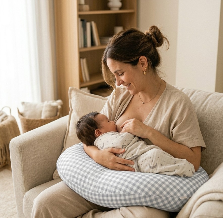Mamá amamantando sobre cojín de lactancia vichy gris