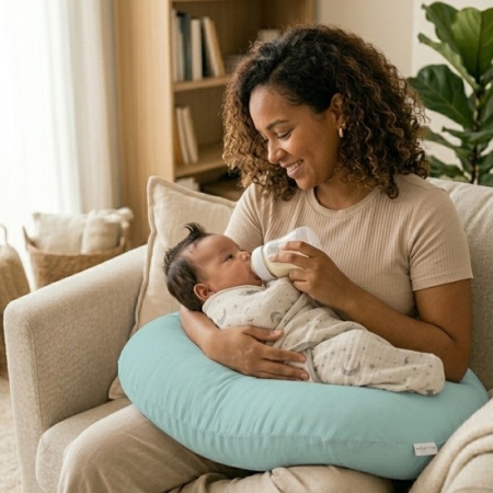 Mamá dando el biberón a su bebé sobre cojín de lactancia mint.