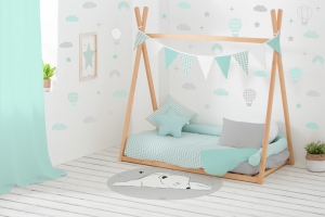 Cama tipi colección vichy mint. Funda nórdica, banderines, lámina y vinilos. Estrellita la Valiente.