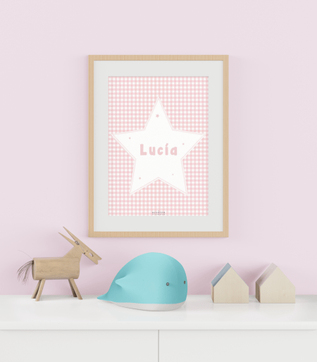 Lámina personalizada decoración infantil estrella cuadro vichy rosa