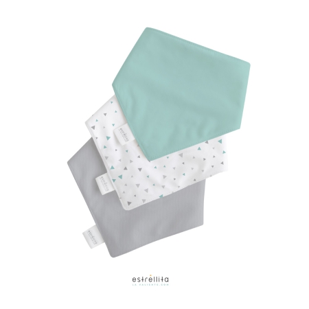 Pack bandanas infantiles dobladas mint, triángulos gris y mint, y gris.