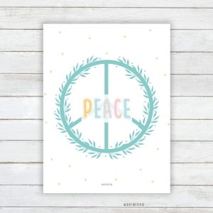Lámina infantil Peace Paz colección Abecedario Estrellita la Valiente. Lámina con el símbolo de la paz y la palabra Peace sobre él. Topos mostaza alrededor del símbolo de la Paz.