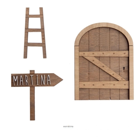 Kit Puerta Ratoncito Pérez de Estrellita la Valiente. Puerta de ratoncito Pérez de madera, con escalera de madera, señal indicación nombre de Martina y kit de letras para personalizar el nombre