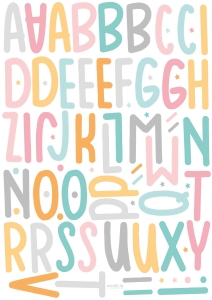 Vinilo Abecedario Estrellita la Valiente. Vinilo con stickers de las letras del abecedario de diferentes colores: mint, rosa, gris y mostaza junto con estrellas, y círculos de los mismos colores.