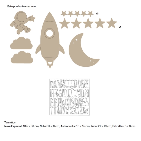 Contenido de la decoración de madera Espacio de Estrellita la Valiente. Astronauta, nave espacial, nubes, estrellas y luna. También kit letras para personalizar el vinilo.