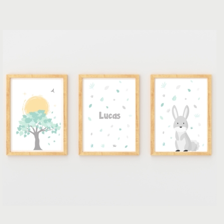 Colección 3 láminas naturaleza personalizadas mint. Láminas árbol, conejito y naturaleza mint con el nombre de Lucas.