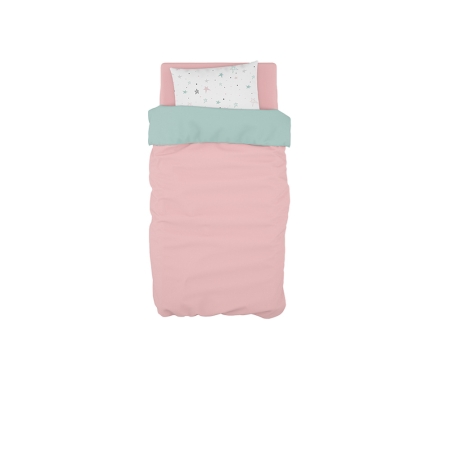 Edredón reversible cama rosa y mint. Tejido 100% algodón orgánico de Estrellita la Valiente.