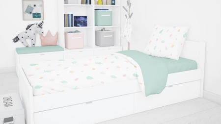 Habitación infantil edredón reversible cama naturaleza y mint. Edredón con tejido 100% algodón orgánico con hojas de la naturaleza de varios colores y reversible en mint de Estrellita la Valiente.