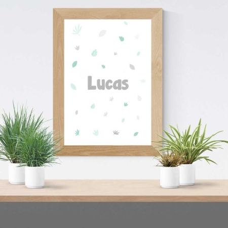 Lámina personalizada naturaleza mint. Lámina con unas hojas mint y gris y con el nombre de Lucas