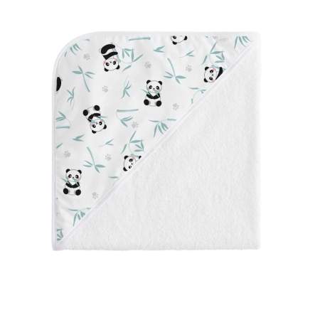 Capa de baño para bebé Panda. Capa de baño para bebé con dibujos de un oso panda comiendo bambú y otro cogiendo bambú, con ramas de bambú y huellas de oso panda. Con colores negro, gris y verde. Tejidos 100% algodón orgánico.