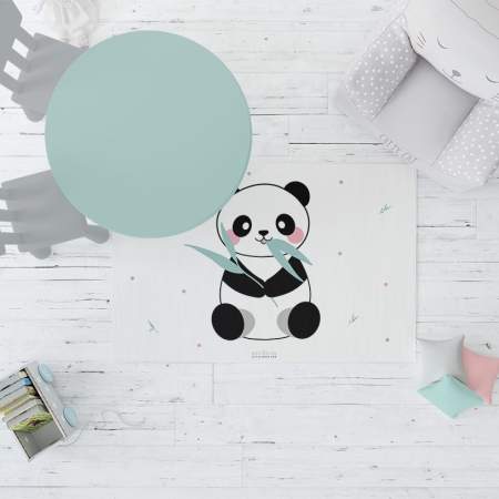 Alfombra rectangular Panda comilón en Play Room Estrellita la Valiente. Alfombra rectangular Panda comilón en Play Room habitación de juegos Estrellita la Valiente. Dibujo de un Panda comiendo ramas de Bambú