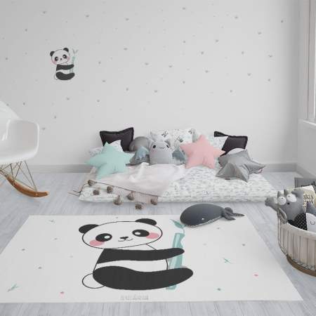 Alfombra rectangular Panda juguetón en Play Room Estrellita la Valiente. Alfombra rectangular Panda juguetón en Play Room habitación de juegos Estrellita la Valiente. Dibujo de un Panda jugango con ramas de Bambú