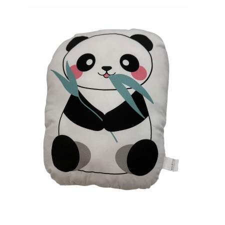 Cojín decorativo Panda. Cojín decorativo Panda tejido 100% algodón orgánico con dibujos de un oso Panda comiendo y jugando con ramas de Bambú.