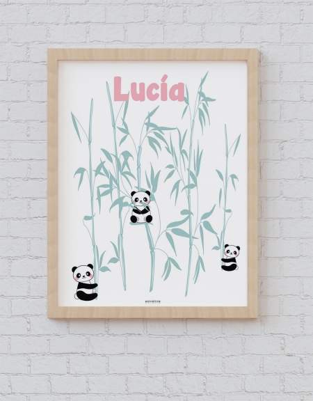 Lámina ramas de Bambú con Pandas personalizada. Láminas con dibujos de Pandas comiendo o jugando con ramas de Bambú personalizada con el nombre de Lucía