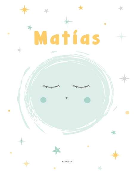 Lámina personalizada luna mint y mostaza. Imagen de una luna con el nombre de Matías.