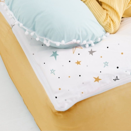 Detalle cremallera saco nórdico noche estrellada mostaza bajera mostaza