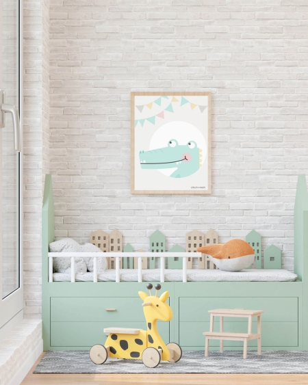 Habitación infantil lámina carita cocodrilo. Lámina infantil diseño original Estrellita la Valiente. Lámina de la carita de un cocodrilo.