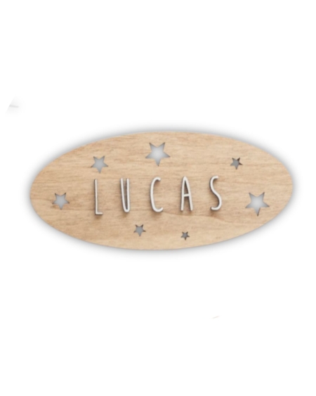 Placa ovalada madera personalizable noche estrellas. Placa con estrellas de madera de bosques sostenibles
