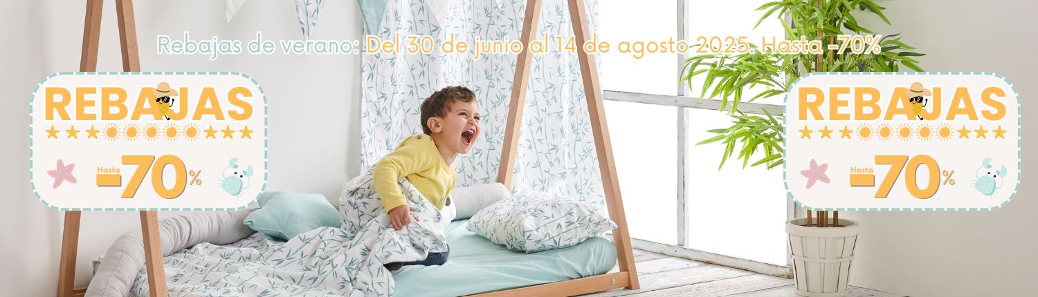 Rebajas de verano artículos textil hogar Estrellita la Valiente. Niño sobre una cama tipi con sábana bajera funda nórdica infantil rulo protector, guirnalda de banderines, cortina, cojín decorativo con forma de estrella, ropa de cama infantil. Tejidos 100% algodón orgánico