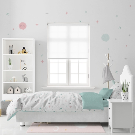 Edredón de cama infantil noche estrellada rosa reversible mint. Colcha nórdica Estrellita la Valiente, confección propia en España. Tejido 100% algodón orgánico