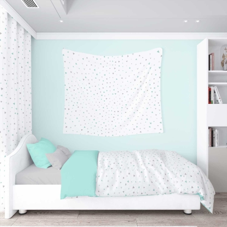 Edredón de cama infantil triángulos gris y reversible mint. Colcha nórdica Estrellita la Valiente, confección propia en España. Tejido 100% algodón orgánico