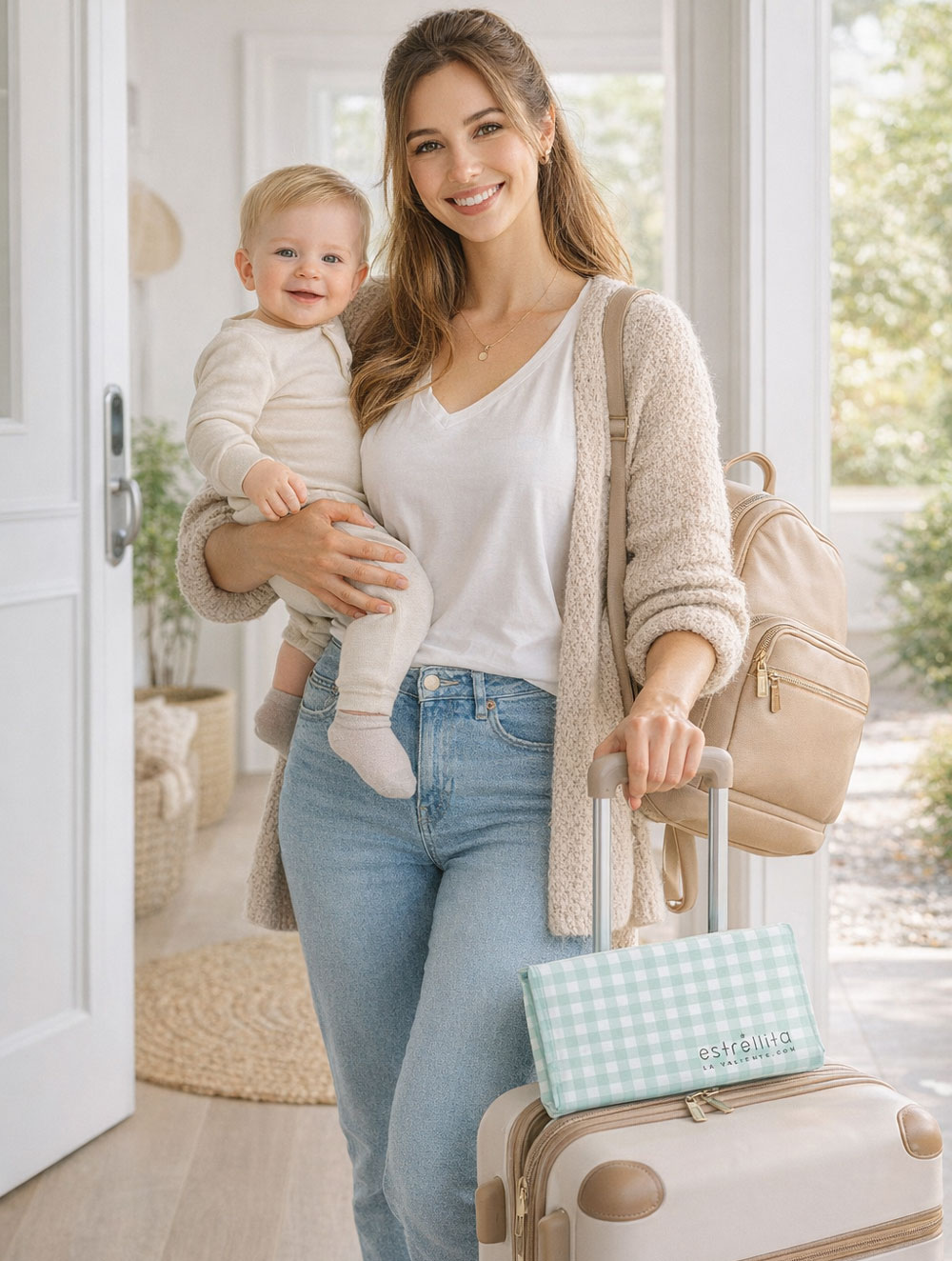 Mamá con bebé, maleta y cambiador plegable Estrellita la Valiente. Mamá con un bebé en brazos y un cambiador plegable de Estrellita la Valiente cuadro vichy mint