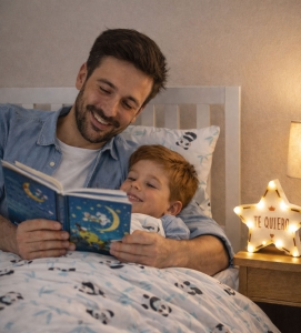 Papá leyendo un cuento a su hijo con el regalo de una Estrella personalizada