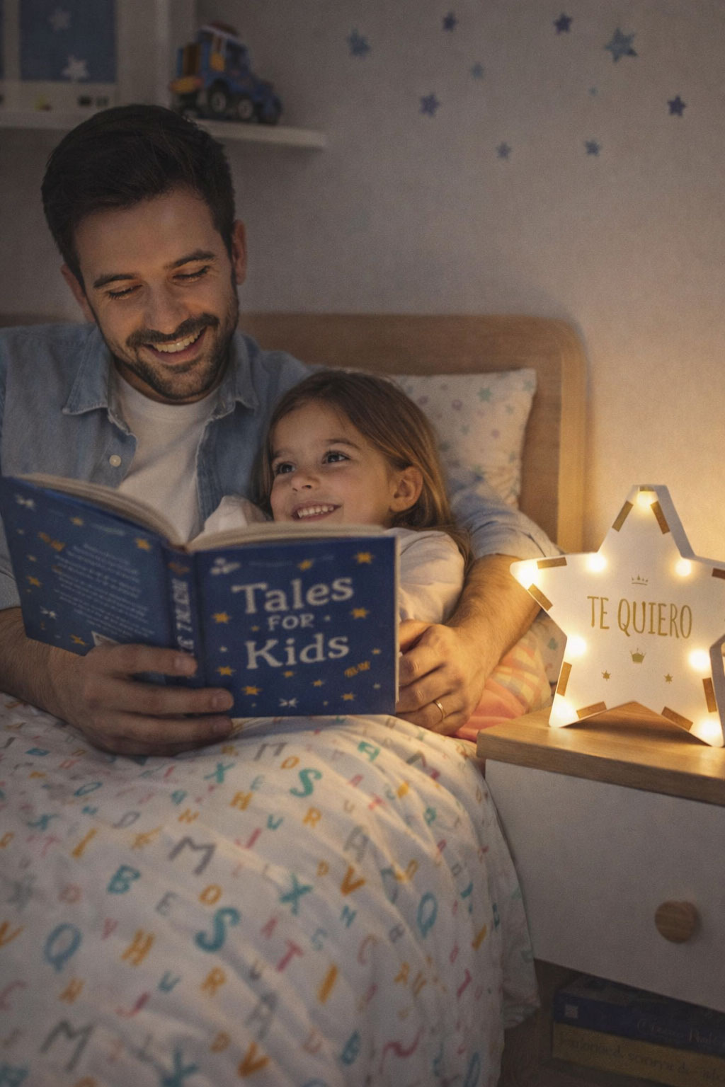 Momento lectura infantil. Un padre leyendo un cuento a su hija