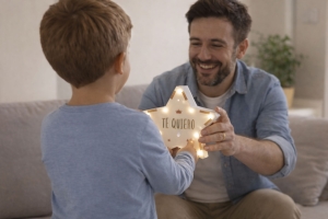 Papá recibiendo el regalo del día del Padre. El hijo entrega la estrella personalizada como regalo a su Padre