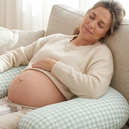 Cojín de lactancia ergonómico cuadro vichy mint. Descanso de una embarazada en un sofá apoyada sobre un cojín de lactancia de cuadros vichy mint.