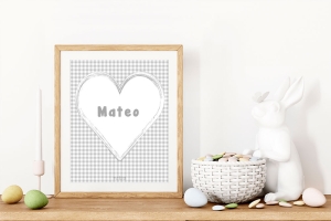Lámina personalizada corazón Vichy gris marco madera