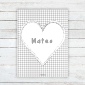 Lámina personalizada corazón Vichy gris sobre fondo pared