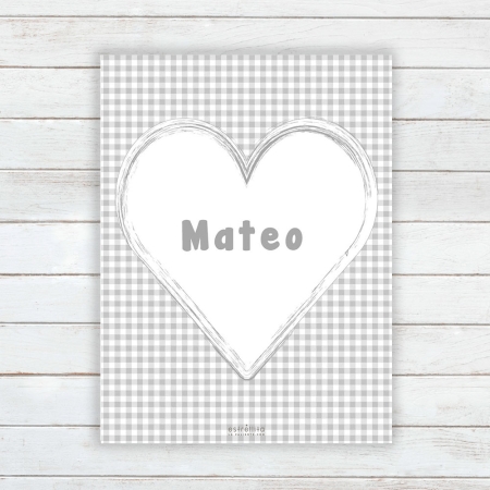 Lámina personalizada corazón Vichy gris sobre fondo pared