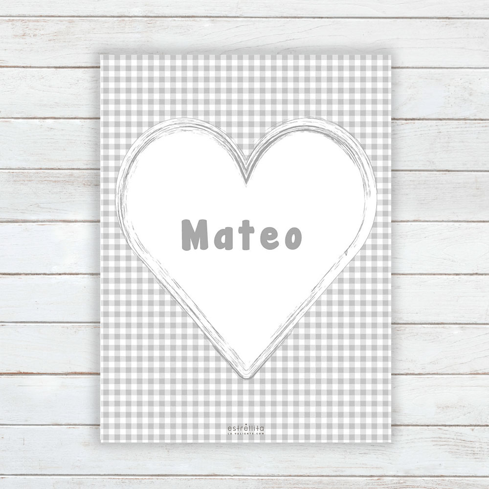 Lámina personalizada corazón Vichy gris sobre fondo pared