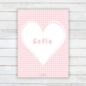 Lámina personalizada corazon Vichy rosa sobre fondo pared