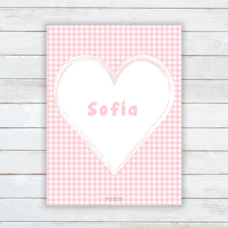 Lámina personalizada corazon Vichy rosa sobre fondo pared