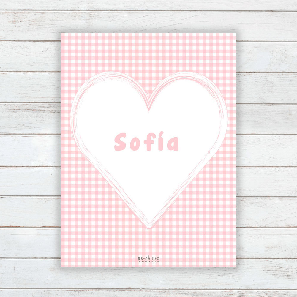 Lámina personalizada corazon Vichy rosa sobre fondo pared