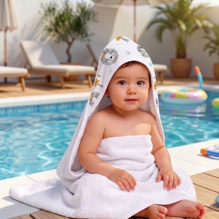 Bebé con capa de baño Rey de la Selva en piscina. Bebé con capa de baño o toalla con capucha con estampado de Leones y palmeras