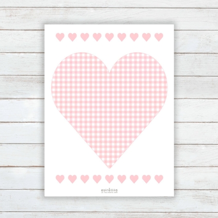 Lámina corazón Vichy rosa sobre fondo pared