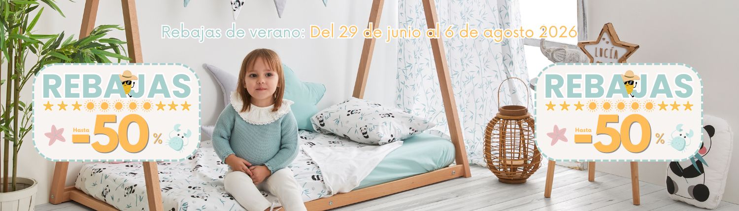 Campaña Rebajas de verano 2026. Niña en una habitación infantil con los datos de la campaña de verano de 2026