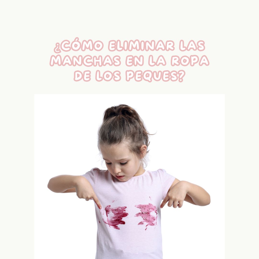 Cómo eliminar manchas en la ropa de los peques. Niña mirándose unas manchas en su camiseta
