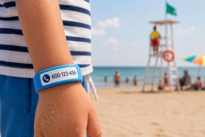 Niño en la playa con una pulserita con el número de teléfono de sus padres