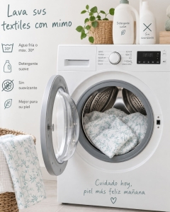 Instrucciones consejos de lavado para textiles infantiles. Agua fria, detergente suave, sin suavizante